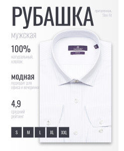 Светло-серая приталенная мужская рубашка Poggino 3000-02 в полоску с длинными рукавами
