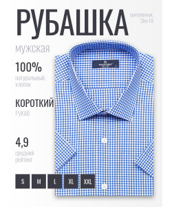 Синяя приталенная мужская рубашка Poggino 6000-12 в клетку с коротким рукавом