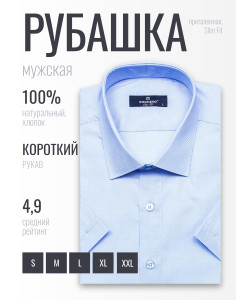 Голубая приталенная мужская рубашка Poggino 6000-18 в полоску с коротким рукавом