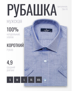 Синяя приталенная мужская рубашка Poggino 6000-24 в полоску с коротким рукавом