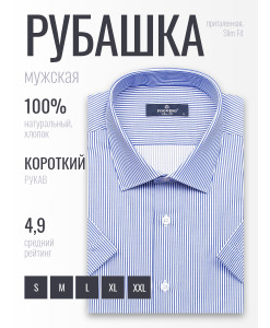 Синяя приталенная мужская рубашка Poggino 6000-31 в полоску с коротким рукавом