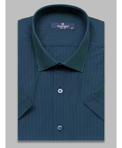 Зеленая приталенная мужская рубашка Poggino 6000-35 в полоску с коротким рукавом
