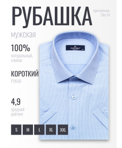 Голубая приталенная мужская рубашка Poggino 6001-26 в полоску с коротким рукавом
