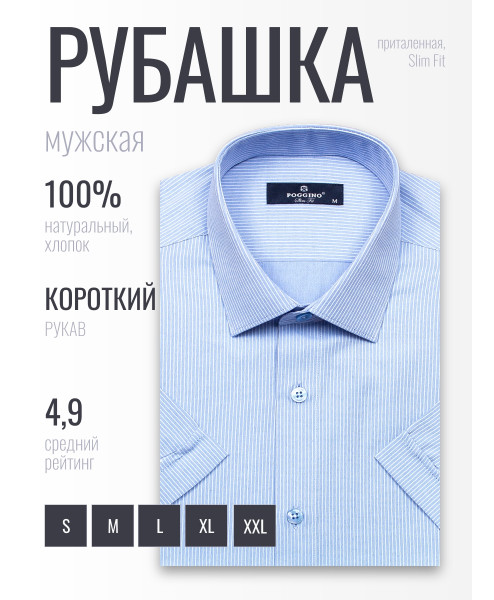 Голубая приталенная мужская рубашка Poggino 6001-26 в полоску с коротким рукавом