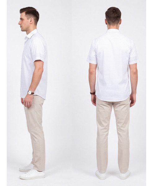 Белая приталенная мужская рубашка Poggino 6001-41 в клетку с коротким рукавом