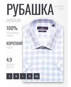 Голубая приталенная мужская рубашка Poggino 6001-55 в клетку с коротким рукавом