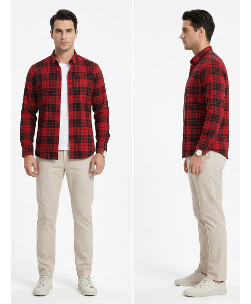 Темно-красная приталенная мужская рубашка Poggino 7017-03 в клетку с длинными рукавами