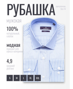 Комбинированная голубая приталенная мужская рубашка Poggino 7017-35 в полоску с длинными рукавами