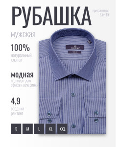 Синяя приталенная мужская рубашка Poggino 7017-70 в полоску с длинным рукавом