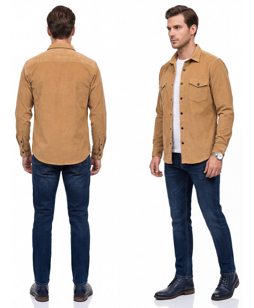 Пастельно-желтая вельветовая приталенная мужская рубашка Poggino 7017-82 с длинными рукавами