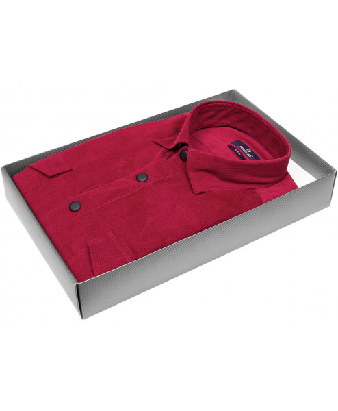 Бордовая вельветовая приталенная мужская рубашка Poggino 7017-83 с длинными рукавами