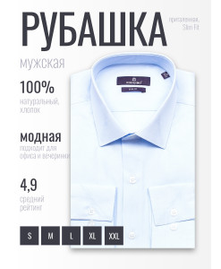 Голубая приталенная мужская рубашка Poggino 7019-70 в полоску с длинными рукавами