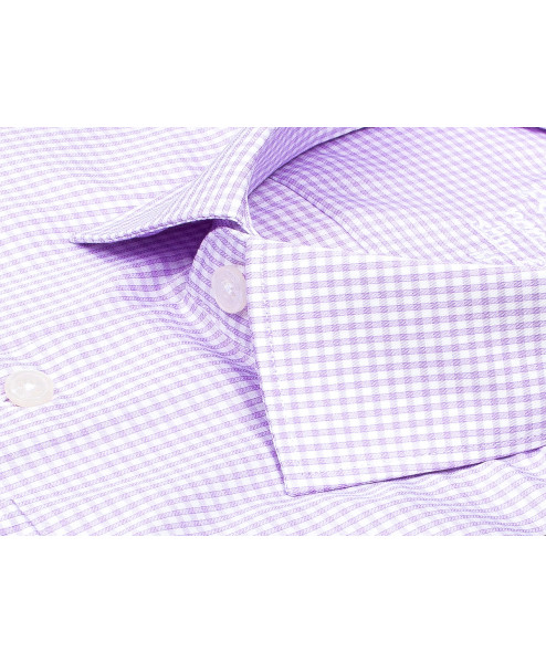 Сиреневая приталенная мужская рубашка Poggino 8003-10 Non Iron в клетку с длинными рукавами