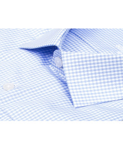 Голубая приталенная мужская рубашка Poggino 8003-11 Non Iron в клетку с длинными рукавами
