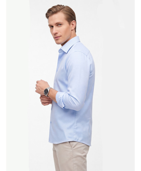 Голубая приталенная мужская рубашка Poggino 8008-10 Non Iron с длинными рукавами