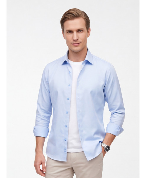 Голубая приталенная мужская рубашка Poggino 8008-10 Non Iron с длинными рукавами