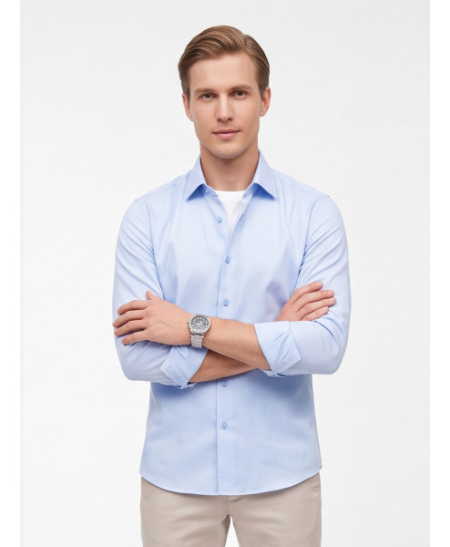 Голубая приталенная мужская рубашка Poggino 8008-10 Non Iron с длинными рукавами